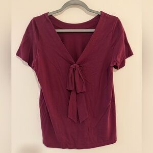 Banana Republic Burgundy Short Sleeve Bow Detail V-Neck Top